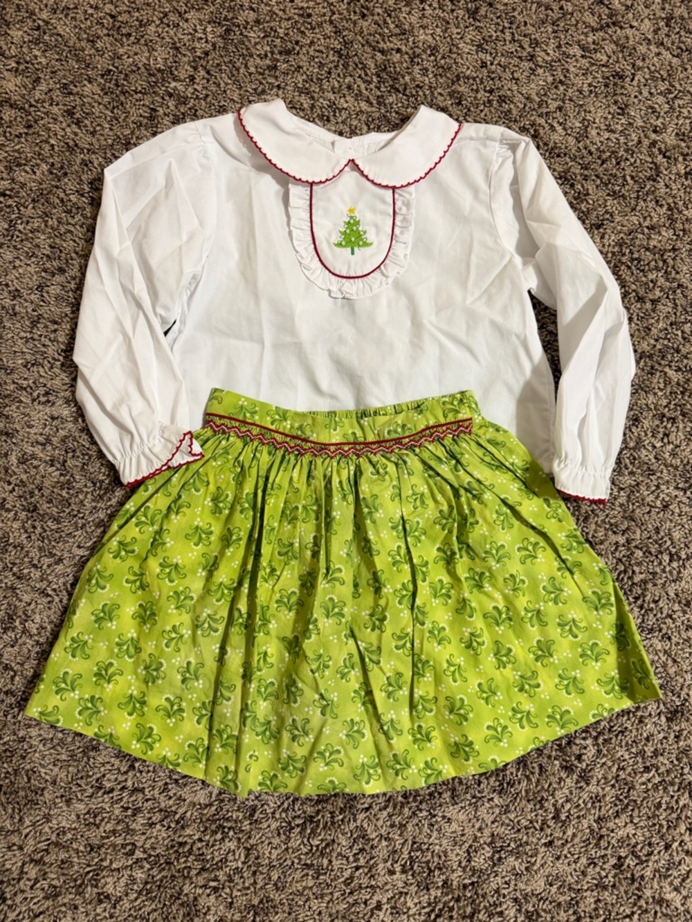Petit Ami White Dress with Green Embroidered Christmas Tree and Red Piping
